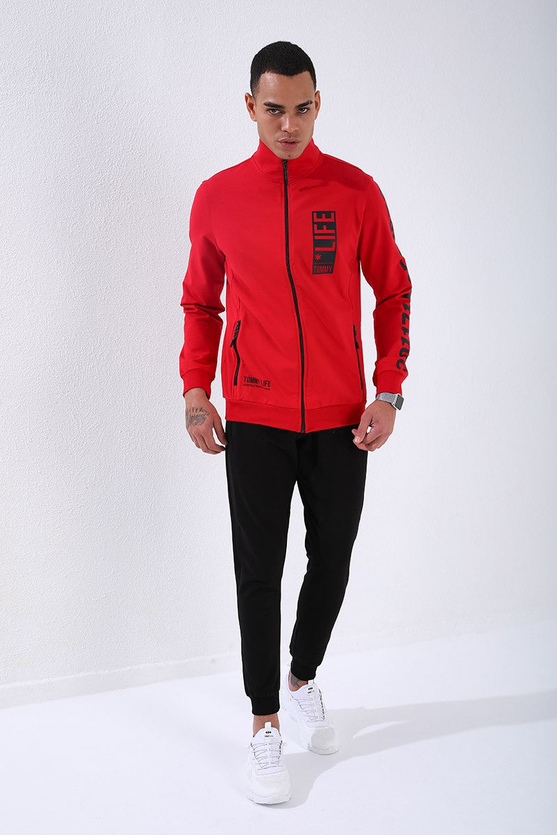 TMY Red - Black Straight Collar Printed Standard Mold Cuffed Men's Tracksuit - 85149 - Gloucester