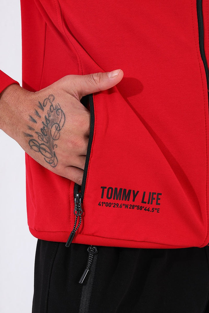 TMY Red - Black Straight Collar Printed Standard Mold Cuffed Men's Tracksuit - 85149 - Gloucester