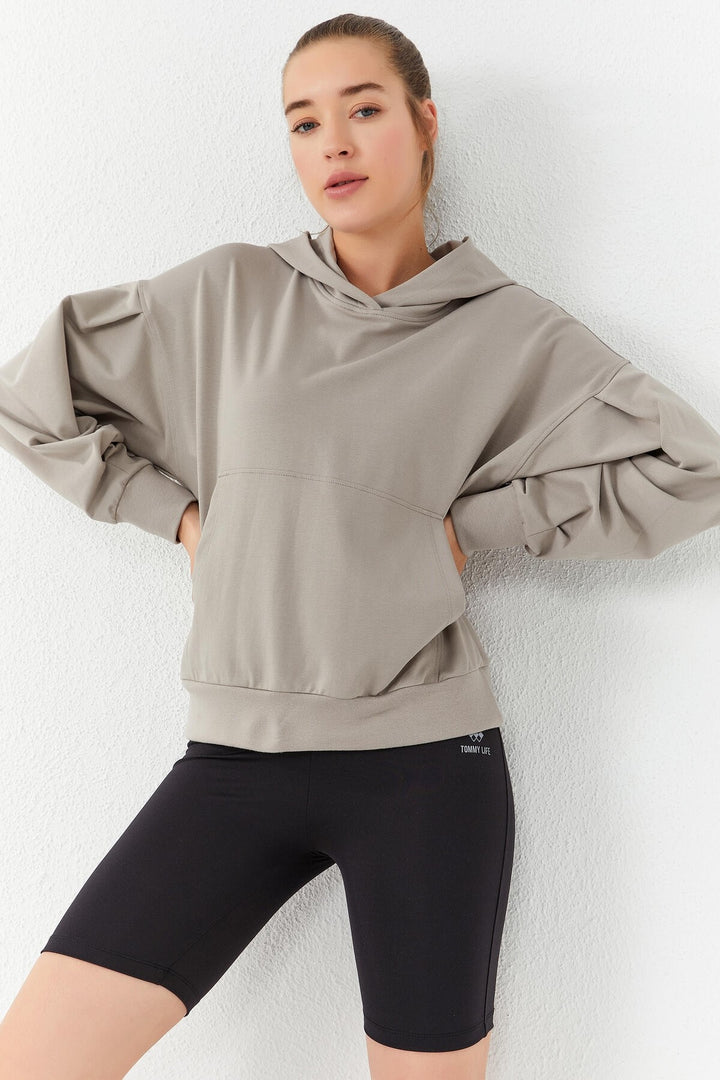 TMY Dark Beige Balloon Sleeve Hooded Women's Oversize Sweatshirt - 97156 - Gent