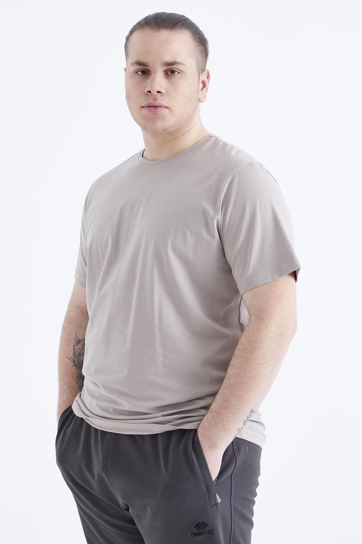 TMY Dark Beige Basic Short Sleeve Round Neck Plus Size Men's T-Shirt - 88072 - Santa Monica