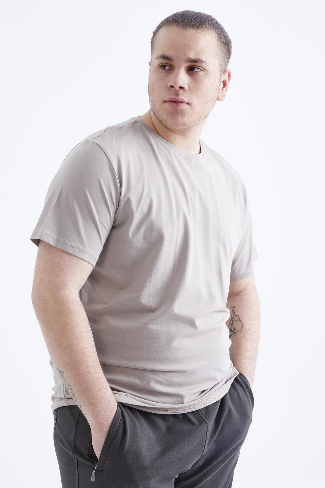 TMY Dark Beige Basic Short Sleeve Round Neck Plus Size Men's T-Shirt - 88072 - Santa Monica