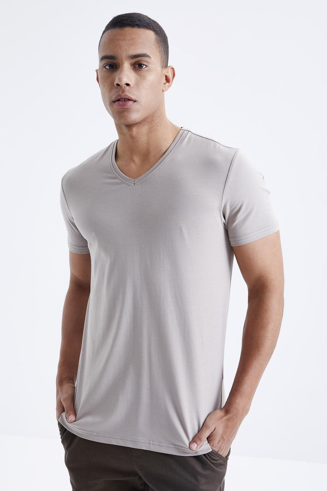 TMY Dark Beige Basic Short Sleeve Standard Fit V-Neck Men's T-Shirt - 87912 - Wimbledon