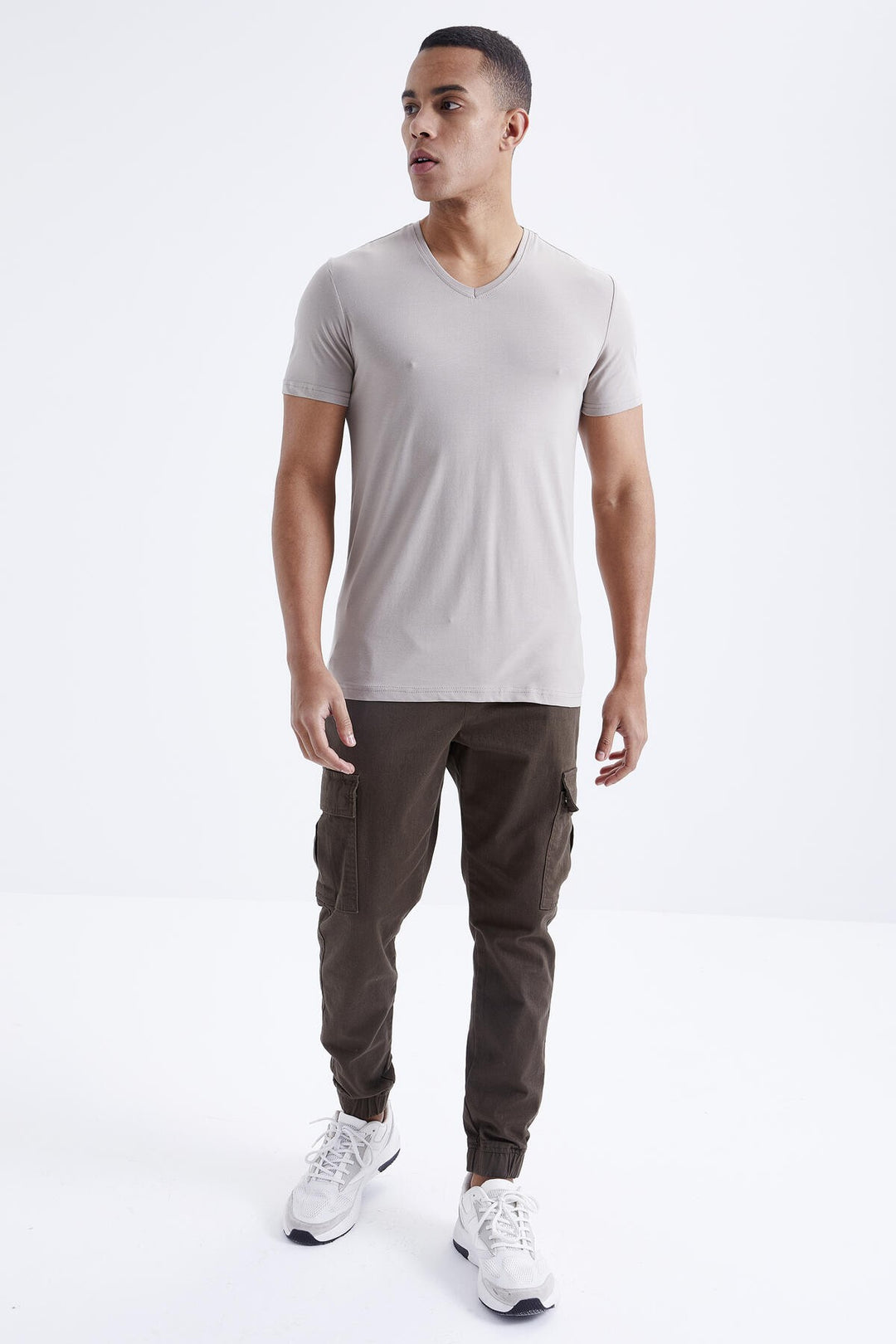 TMY Dark Beige Basic Short Sleeve Standard Fit V-Neck Men's T-Shirt - 87912 - Wimbledon