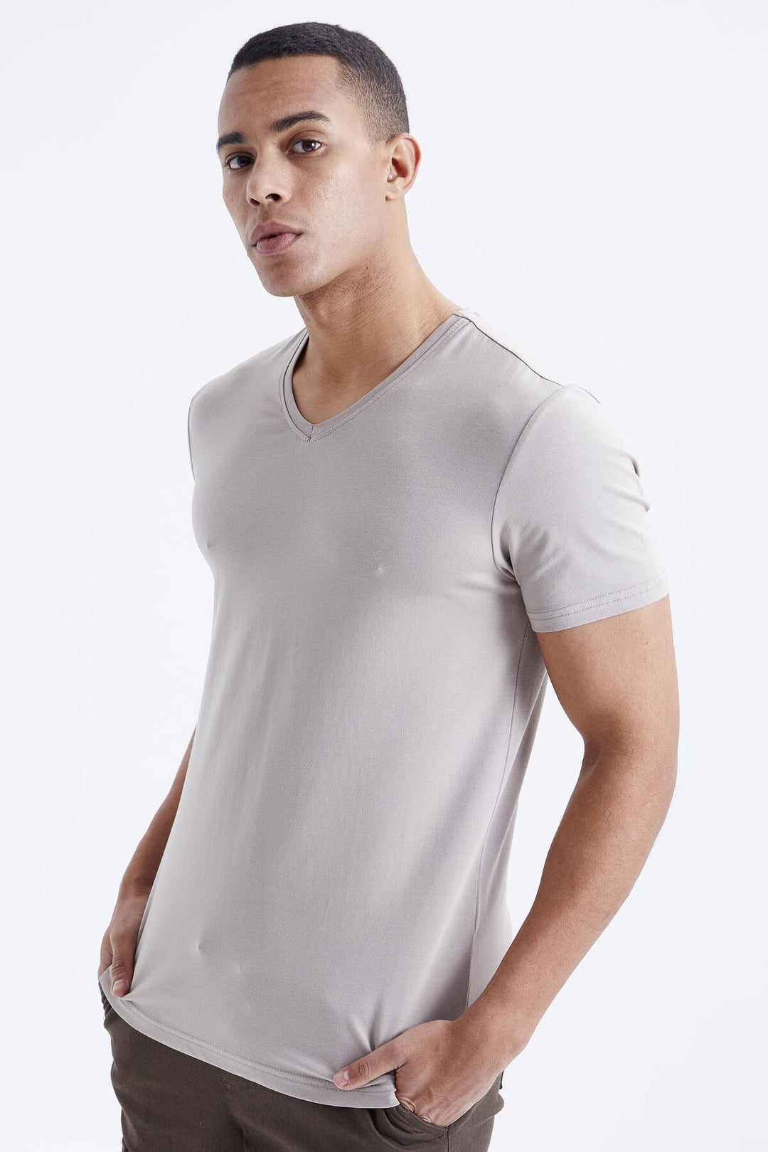 TMY Dark Beige Basic Short Sleeve Standard Fit V-Neck Men's T-Shirt - 87912 - Wimbledon