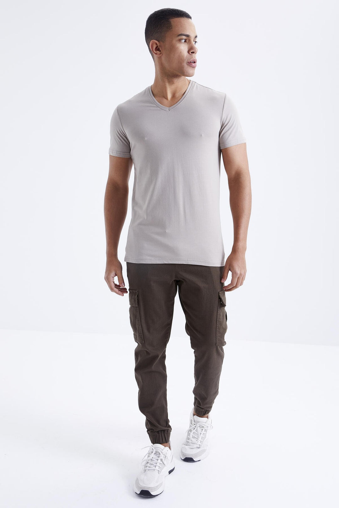 TMY Dark Beige Basic Short Sleeve Standard Fit V-Neck Men's T-Shirt - 87912 - Wimbledon