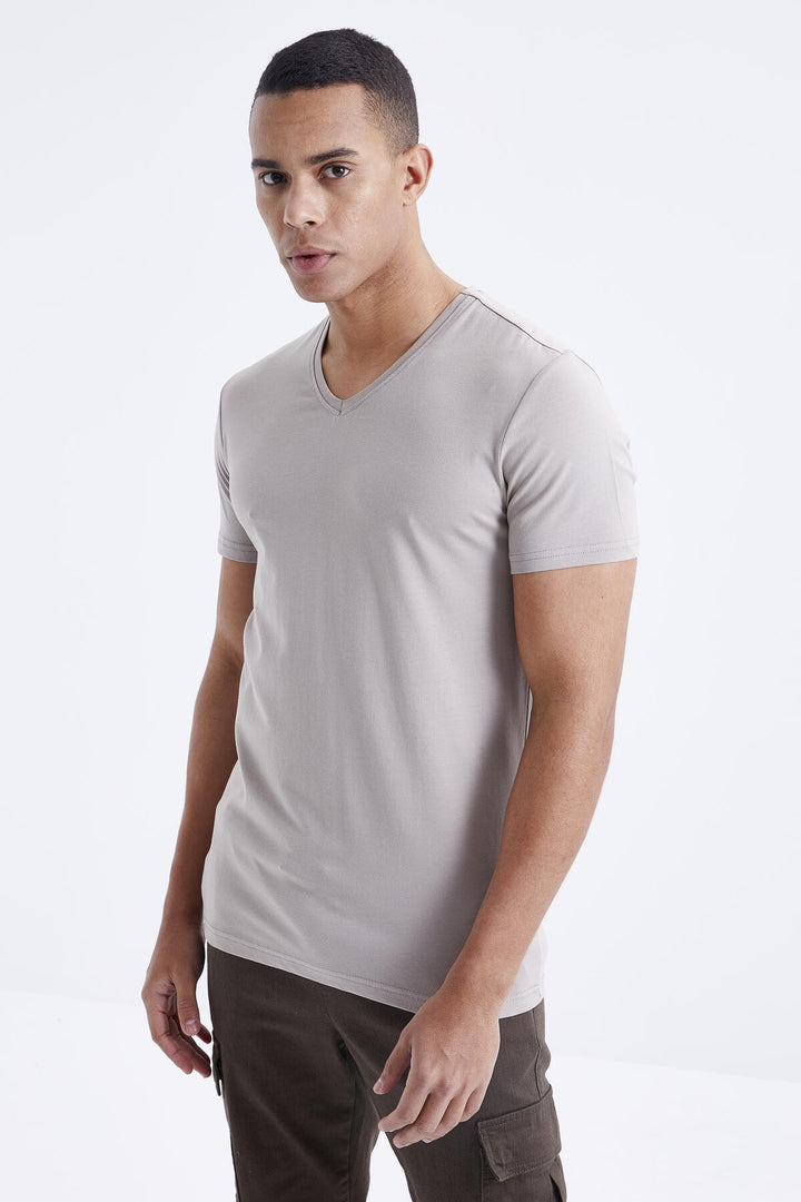 TMY Dark Beige Basic Short Sleeve Standard Fit V-Neck Men's T-Shirt - 87912 - Wimbledon