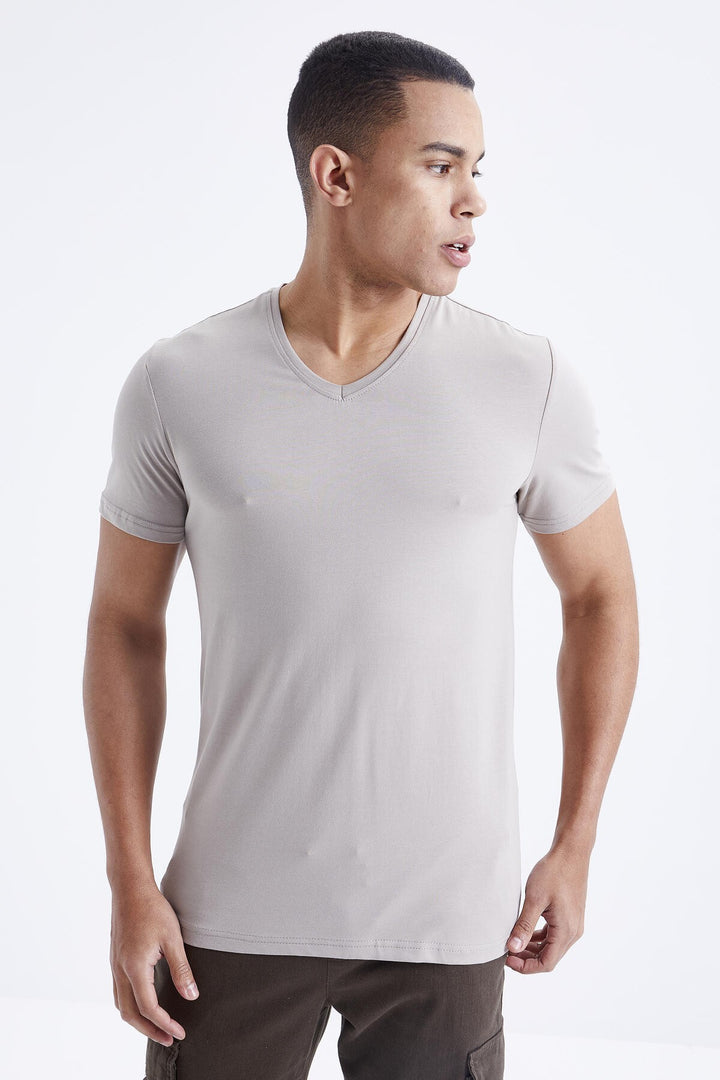 TMY Dark Beige Basic Short Sleeve Standard Fit V-Neck Men's T-Shirt - 87912 - Wimbledon