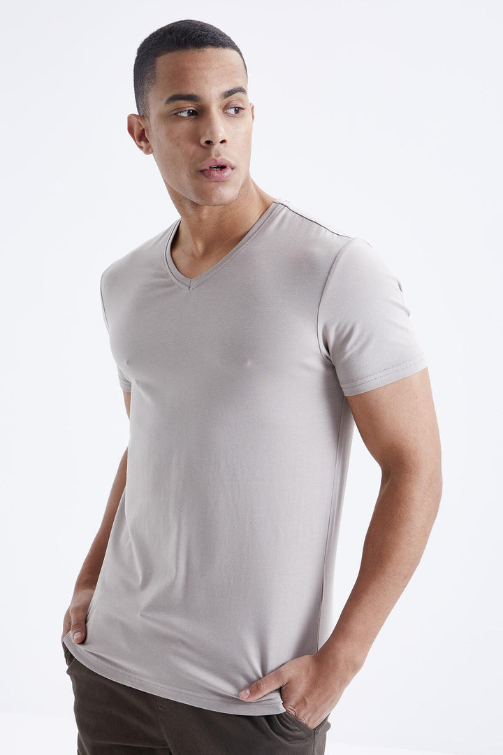 TMY Dark Beige Basic Short Sleeve Standard Fit V-Neck Men's T-Shirt - 87912 - Wimbledon