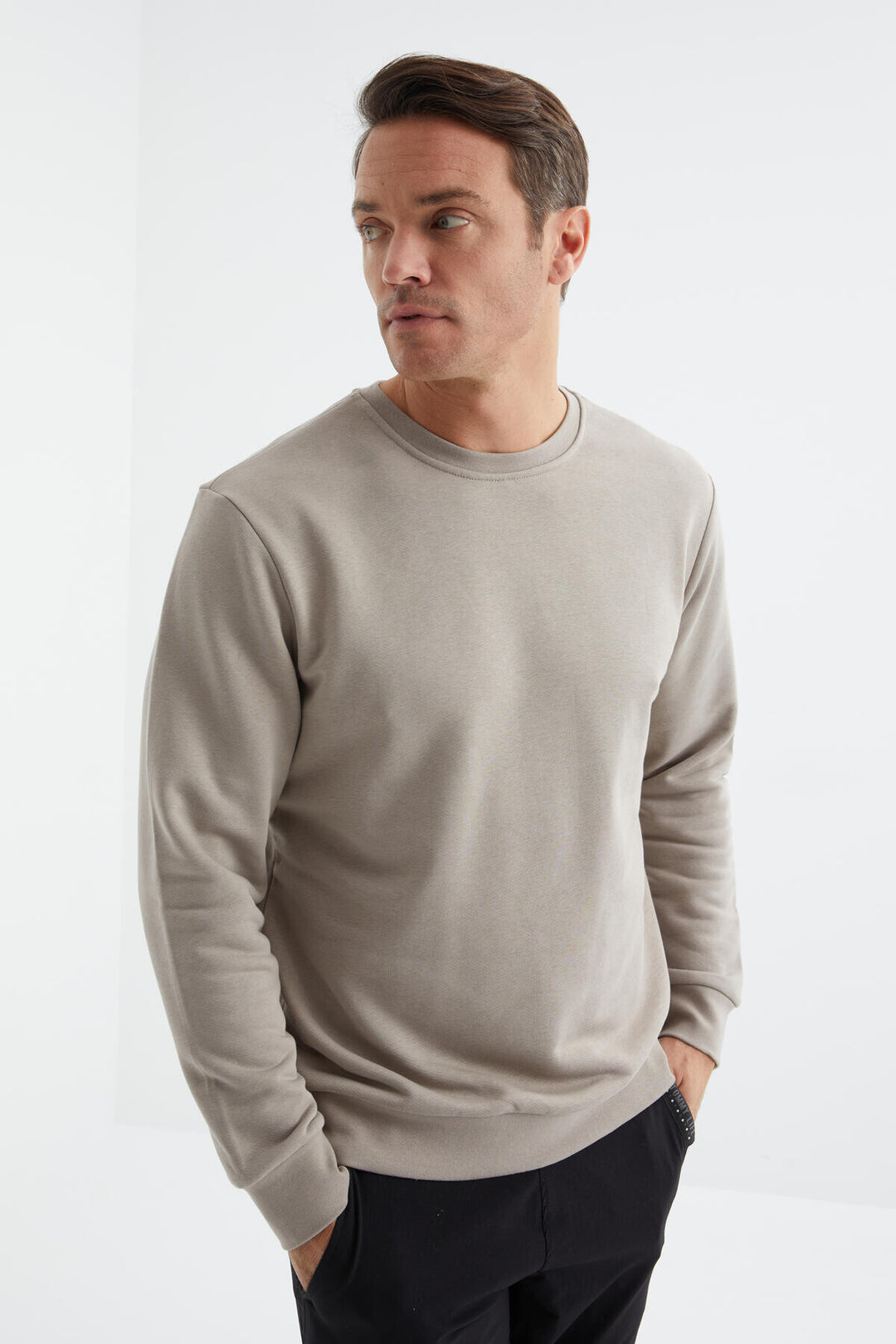 TMY Dark Beige Basic Round Neck Comfort Fit Men's Sweatshirt - 88053 - Münster