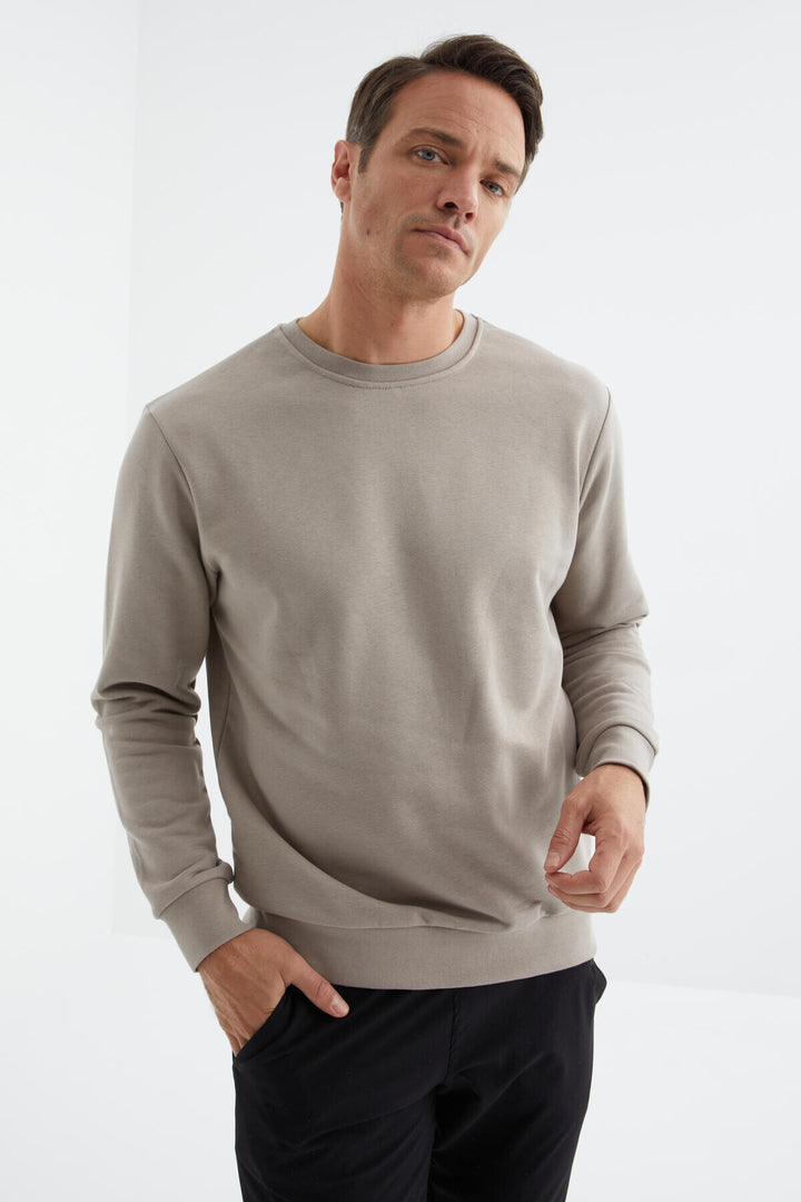 TMY Dark Beige Basic Round Neck Comfort Fit Men's Sweatshirt - 88053 - Münster