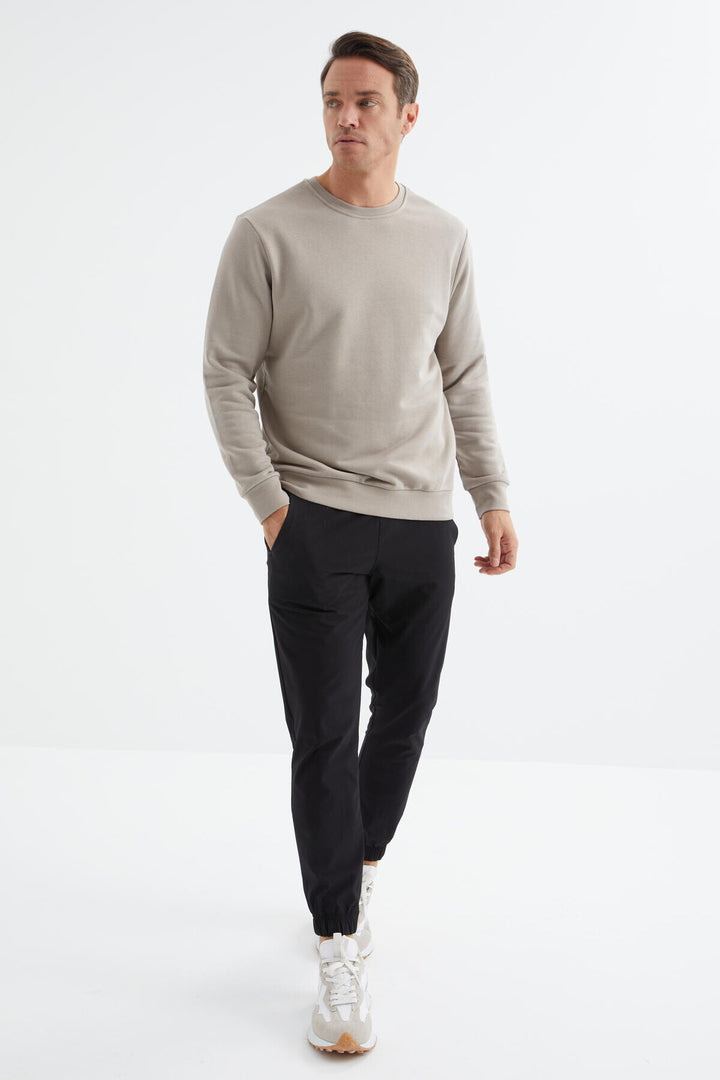 TMY Dark Beige Basic Round Neck Comfort Fit Men's Sweatshirt - 88053 - Münster