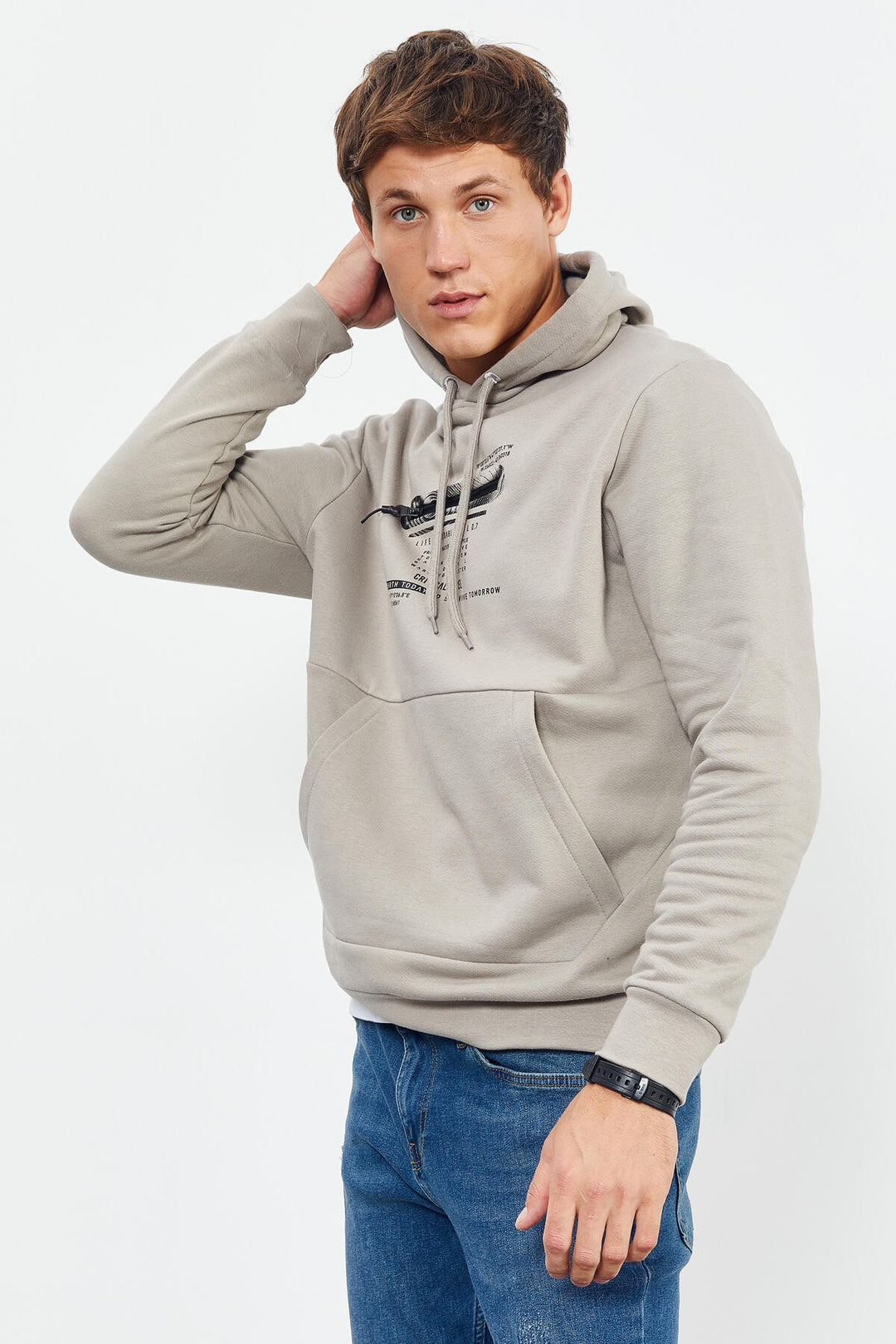 TMY Dark Beige Printed Hooded Kangaroo Pocket Comfortable Fit Men's Sweatshirt - 88019 - San Leandro
