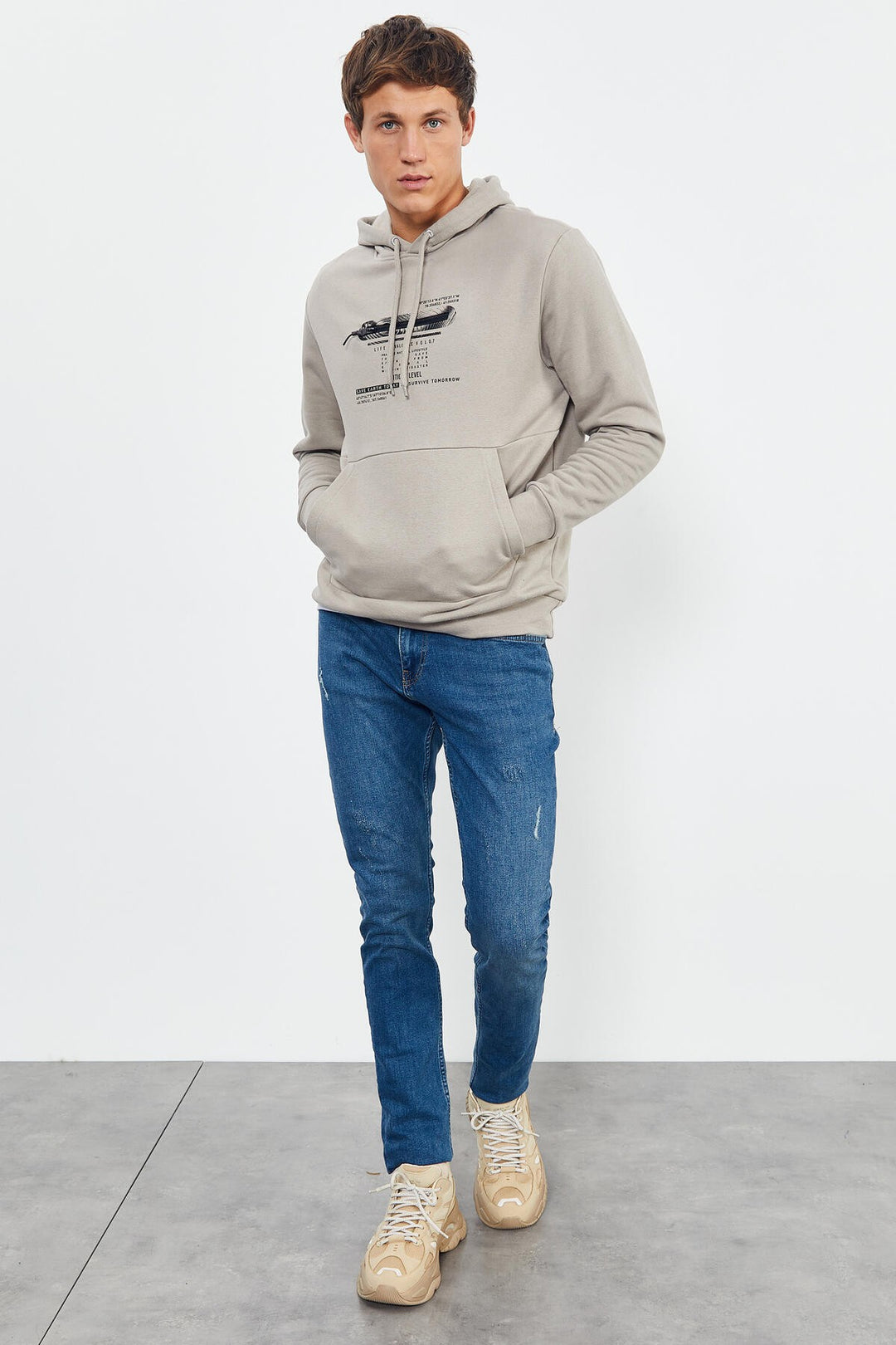 TMY Dark Beige Printed Hooded Kangaroo Pocket Comfortable Fit Men's Sweatshirt - 88019 - San Leandro