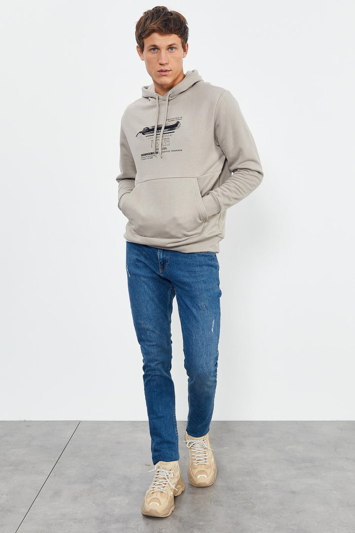 TMY Dark Beige Printed Hooded Kangaroo Pocket Comfortable Fit Men's Sweatshirt - 88019 - San Leandro