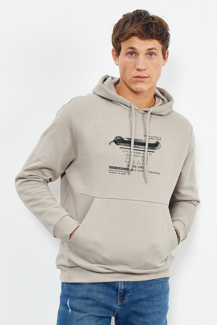 TMY Dark Beige Printed Hooded Kangaroo Pocket Comfortable Fit Men's Sweatshirt - 88019 - San Leandro