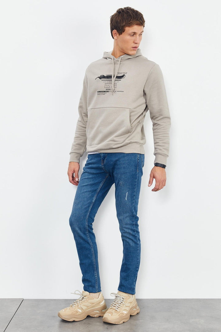 TMY Dark Beige Printed Hooded Kangaroo Pocket Comfortable Fit Men's Sweatshirt - 88019 - San Leandro