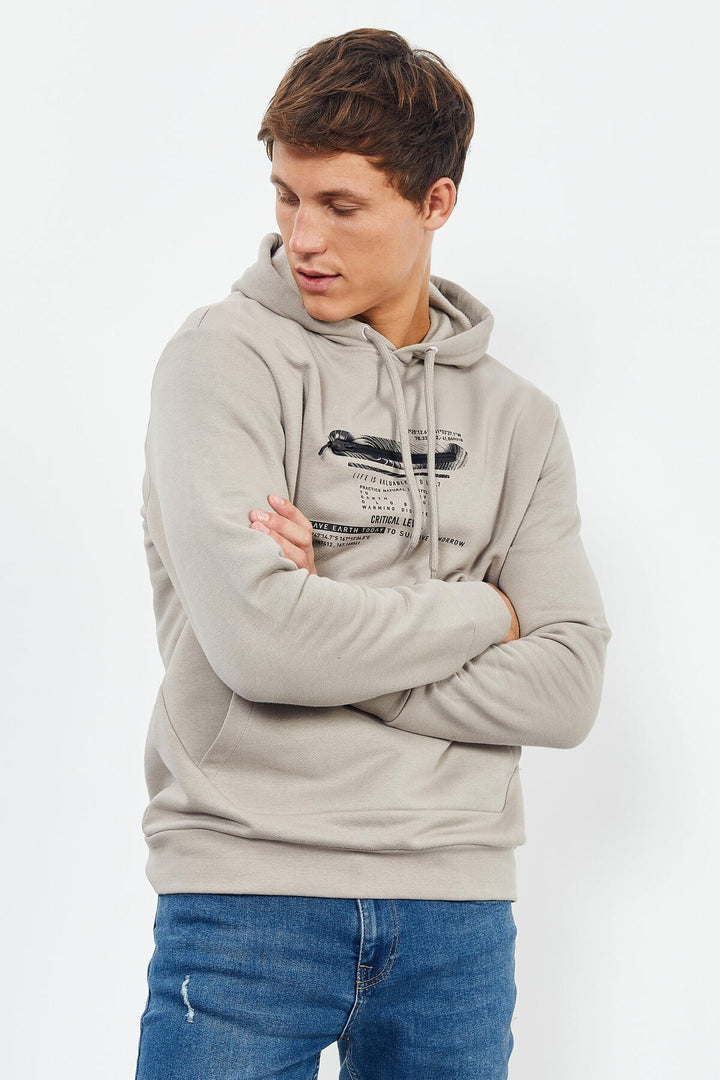 TMY Dark Beige Printed Hooded Kangaroo Pocket Comfortable Fit Men's Sweatshirt - 88019 - San Leandro