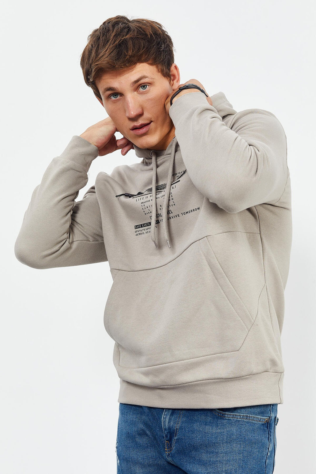 TMY Dark Beige Printed Hooded Kangaroo Pocket Comfortable Fit Men's Sweatshirt - 88019 - San Leandro