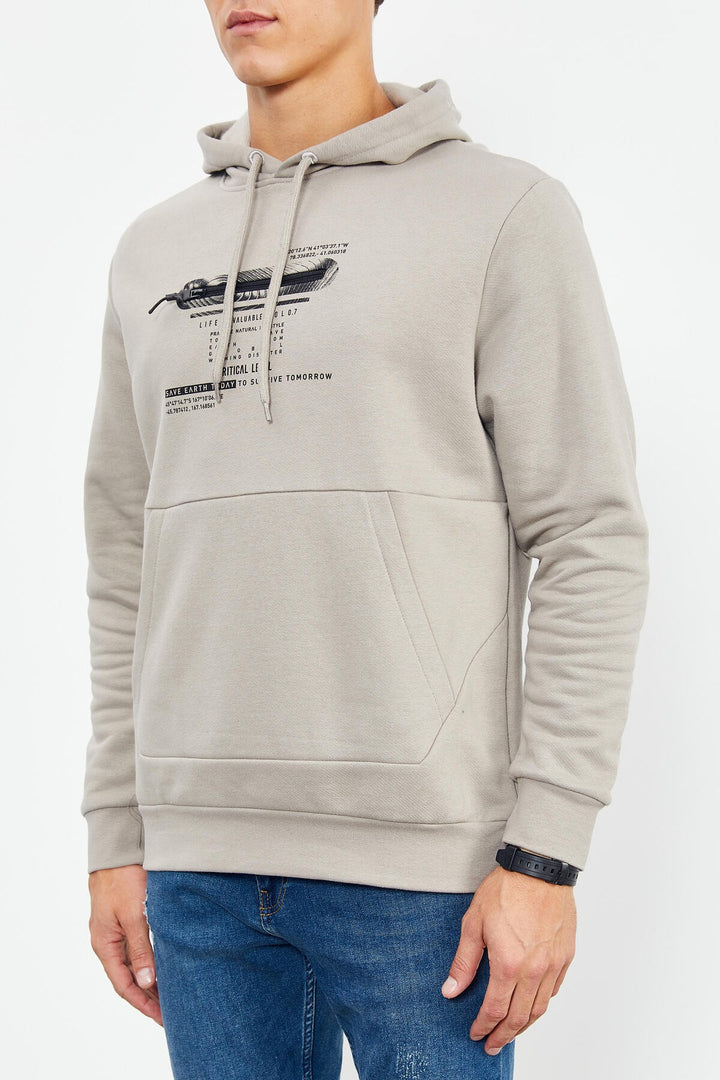 TMY Dark Beige Printed Hooded Kangaroo Pocket Comfortable Fit Men's Sweatshirt - 88019 - San Leandro