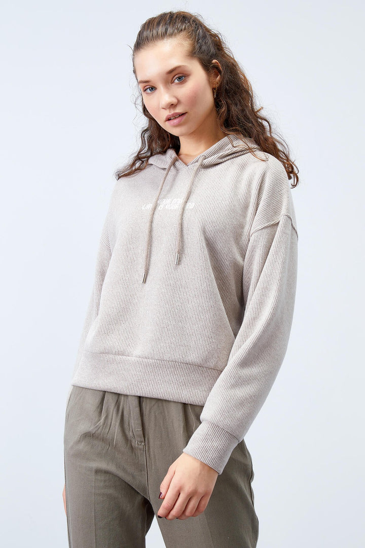 TMY Dark Beige Hooded Thessaloniki Woman Oversize Sweatshirt with Embroidered Writing - 97192 - Joliet