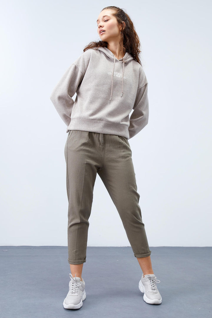 TMY Dark Beige Hooded Thessaloniki Woman Oversize Sweatshirt with Embroidered Writing - 97192 - Joliet
