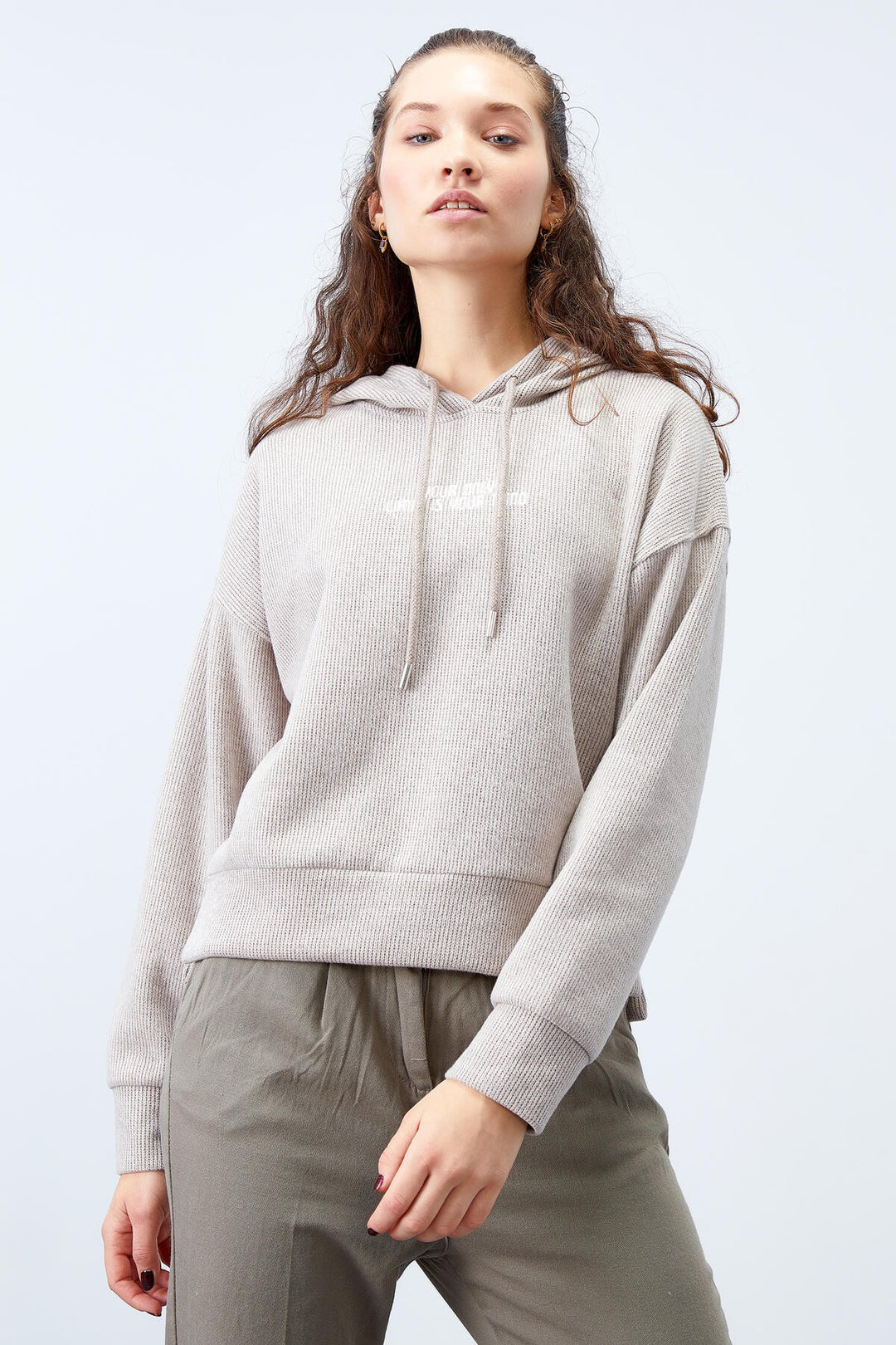 TMY Dark Beige Hooded Thessaloniki Woman Oversize Sweatshirt with Embroidered Writing - 97192 - Joliet