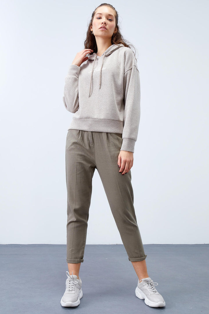 TMY Dark Beige Hooded Thessaloniki Woman Oversize Sweatshirt with Embroidered Writing - 97192 - Joliet