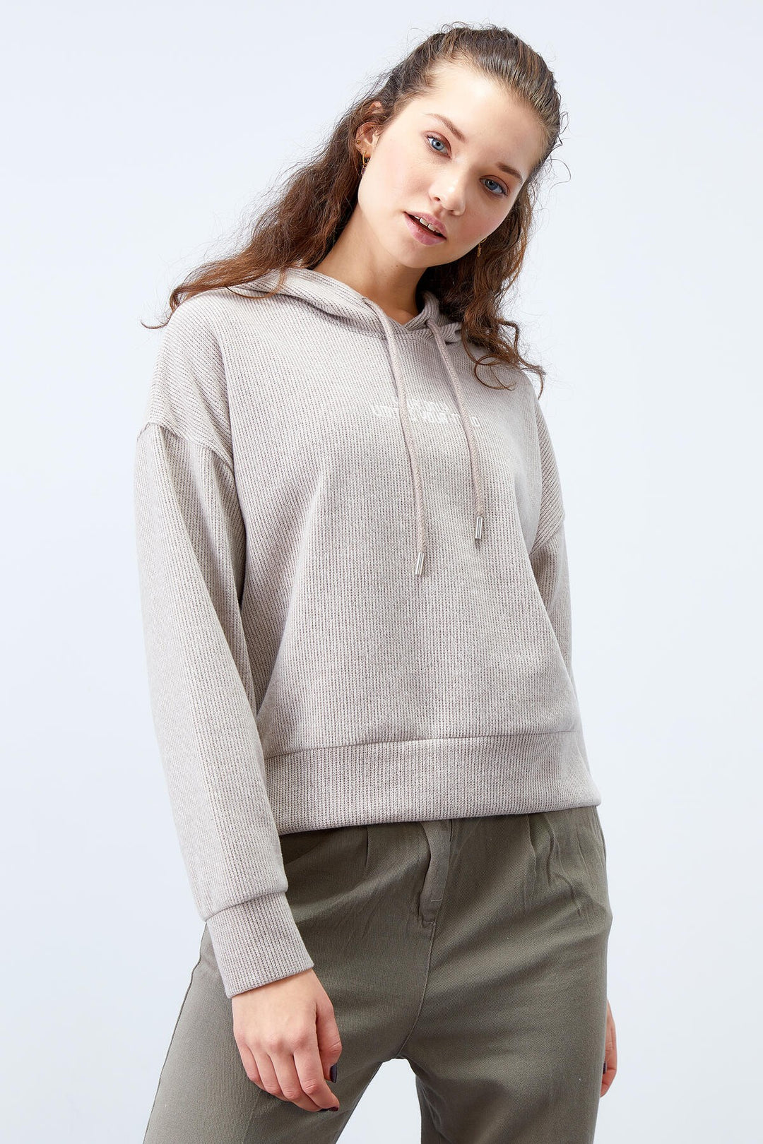 TMY Dark Beige Hooded Thessaloniki Woman Oversize Sweatshirt with Embroidered Writing - 97192 - Joliet