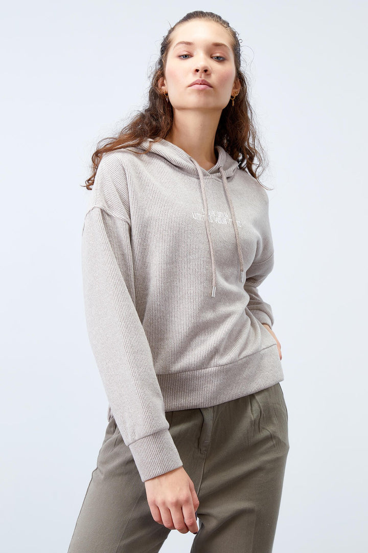 TMY Dark Beige Hooded Thessaloniki Woman Oversize Sweatshirt with Embroidered Writing - 97192 - Joliet