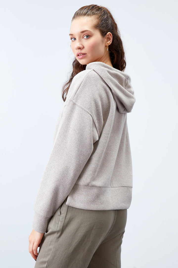 TMY Dark Beige Hooded Thessaloniki Woman Oversize Sweatshirt with Embroidered Writing - 97192 - Joliet