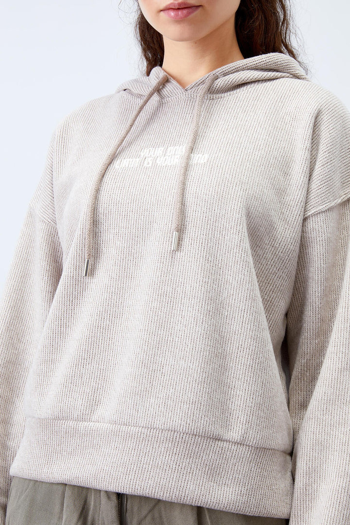 TMY Dark Beige Hooded Thessaloniki Woman Oversize Sweatshirt with Embroidered Writing - 97192 - Joliet