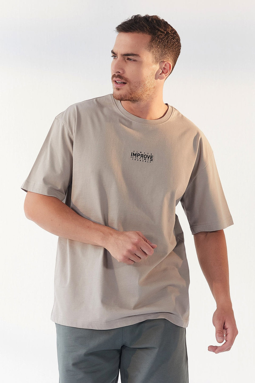 TMY Dark Beige Small Printed O Neck Men's Oversize T-Shirt - 87985 - Pátra