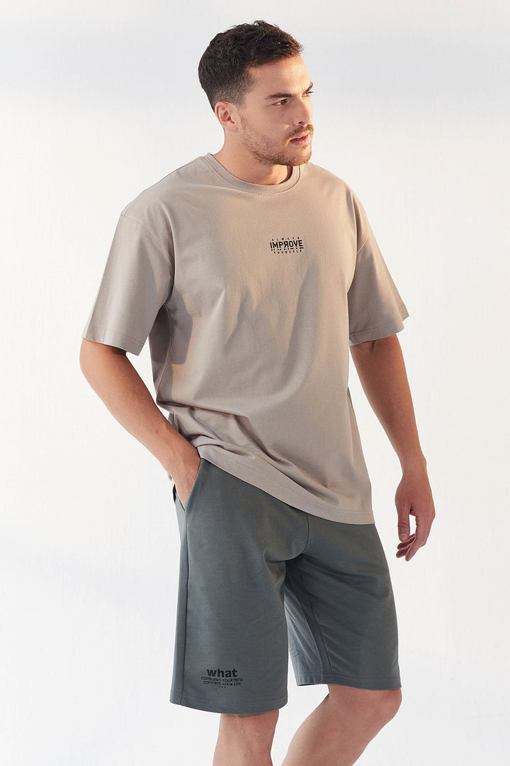 TMY Dark Beige Small Printed O Neck Men's Oversize T-Shirt - 87985 - Pátra