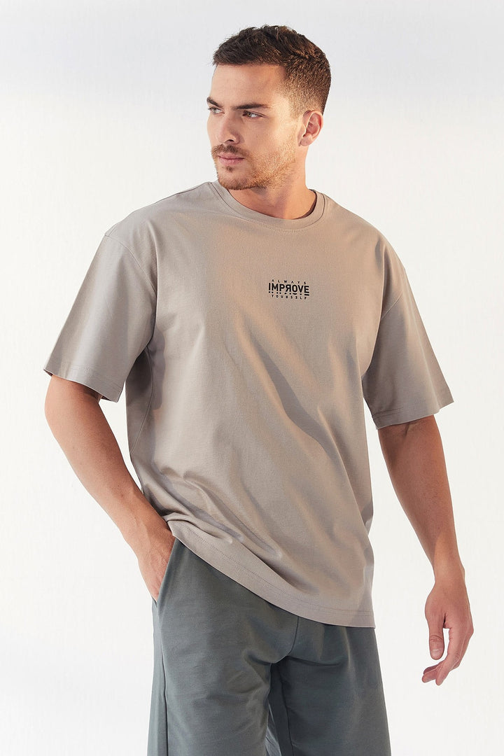 TMY Dark Beige Small Printed O Neck Men's Oversize T-Shirt - 87985 - Pátra