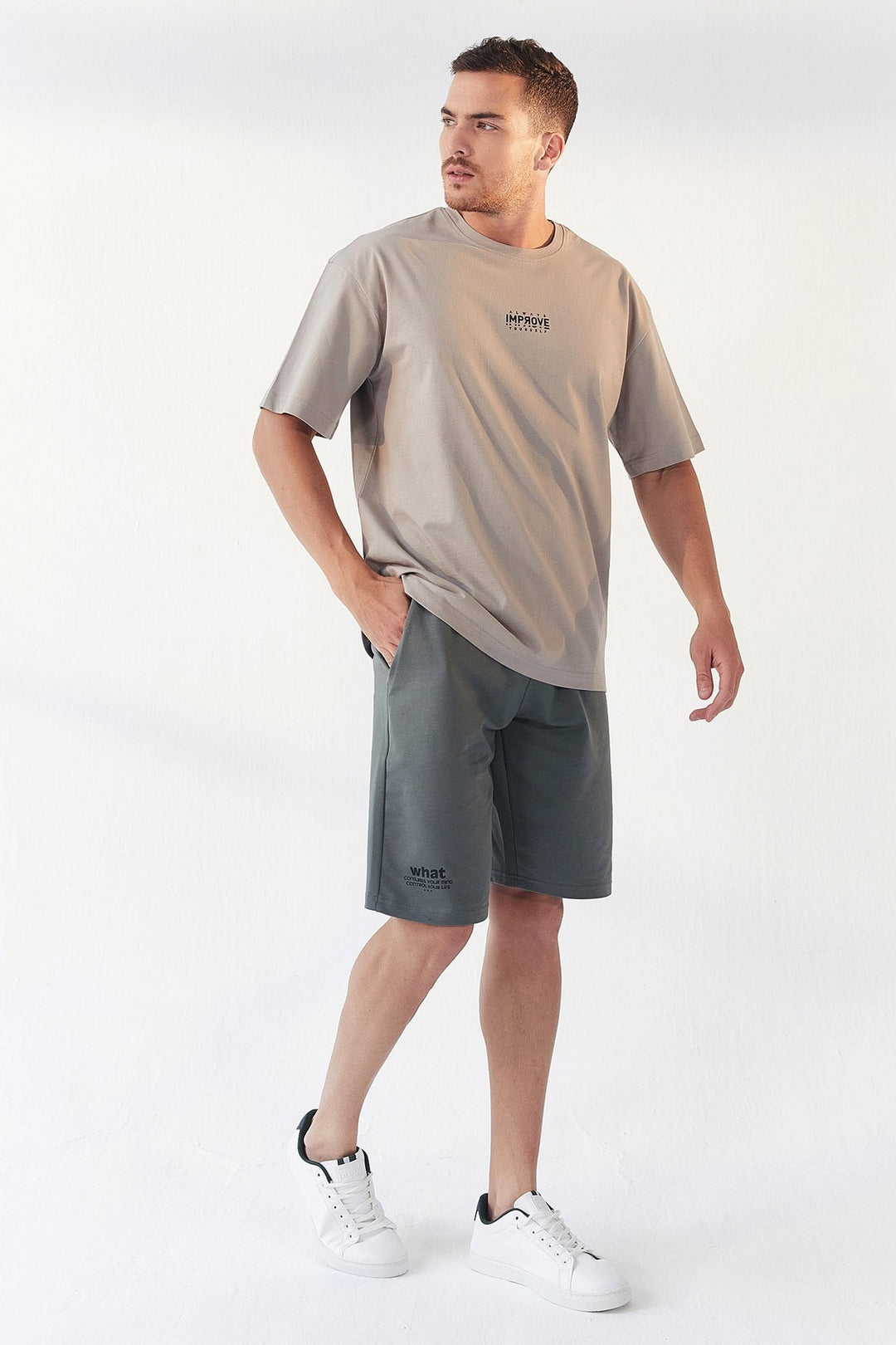 TMY Dark Beige Small Printed O Neck Men's Oversize T-Shirt - 87985 - Pátra