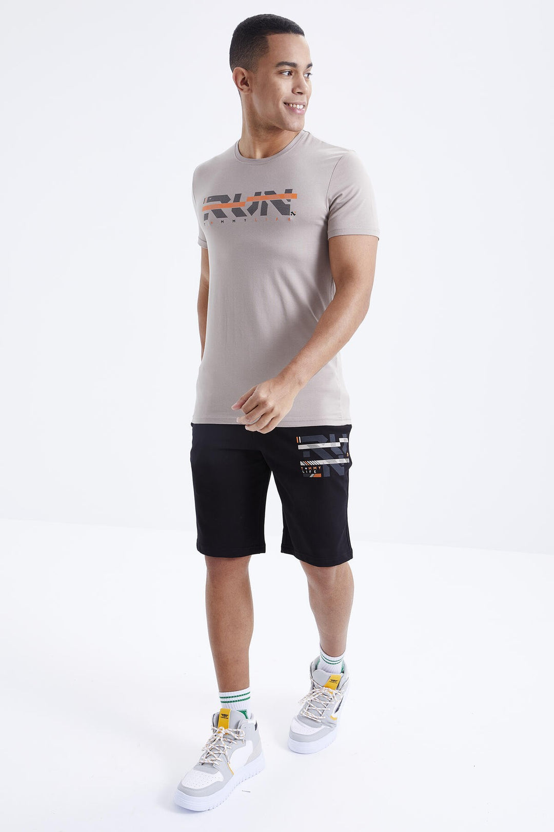 TMY Dark Beige - Black Printed O Neck Bermuda Men's Shorts Set - 85167 - Weert
