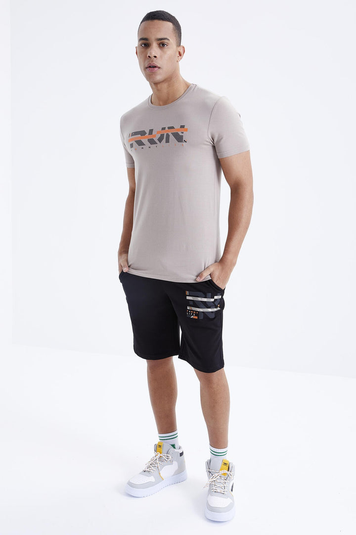 TMY Dark Beige - Black Printed O Neck Bermuda Men's Shorts Set - 85167 - Weert