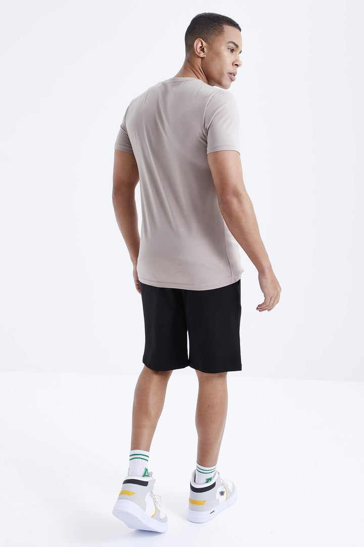 TMY Dark Beige - Black Printed O Neck Bermuda Men's Shorts Set - 85167 - Weert