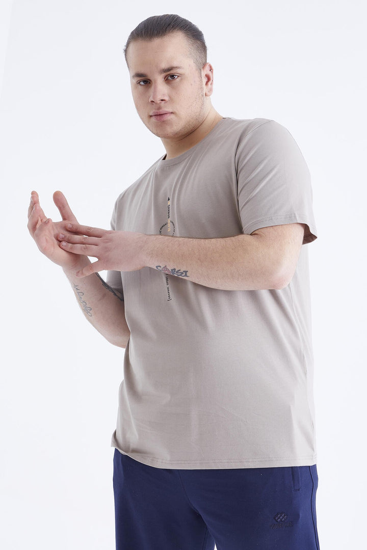 TMY Dark Beige Printed Round Neck Plus Size Men's T-shirt - 88075 - Carrollwood