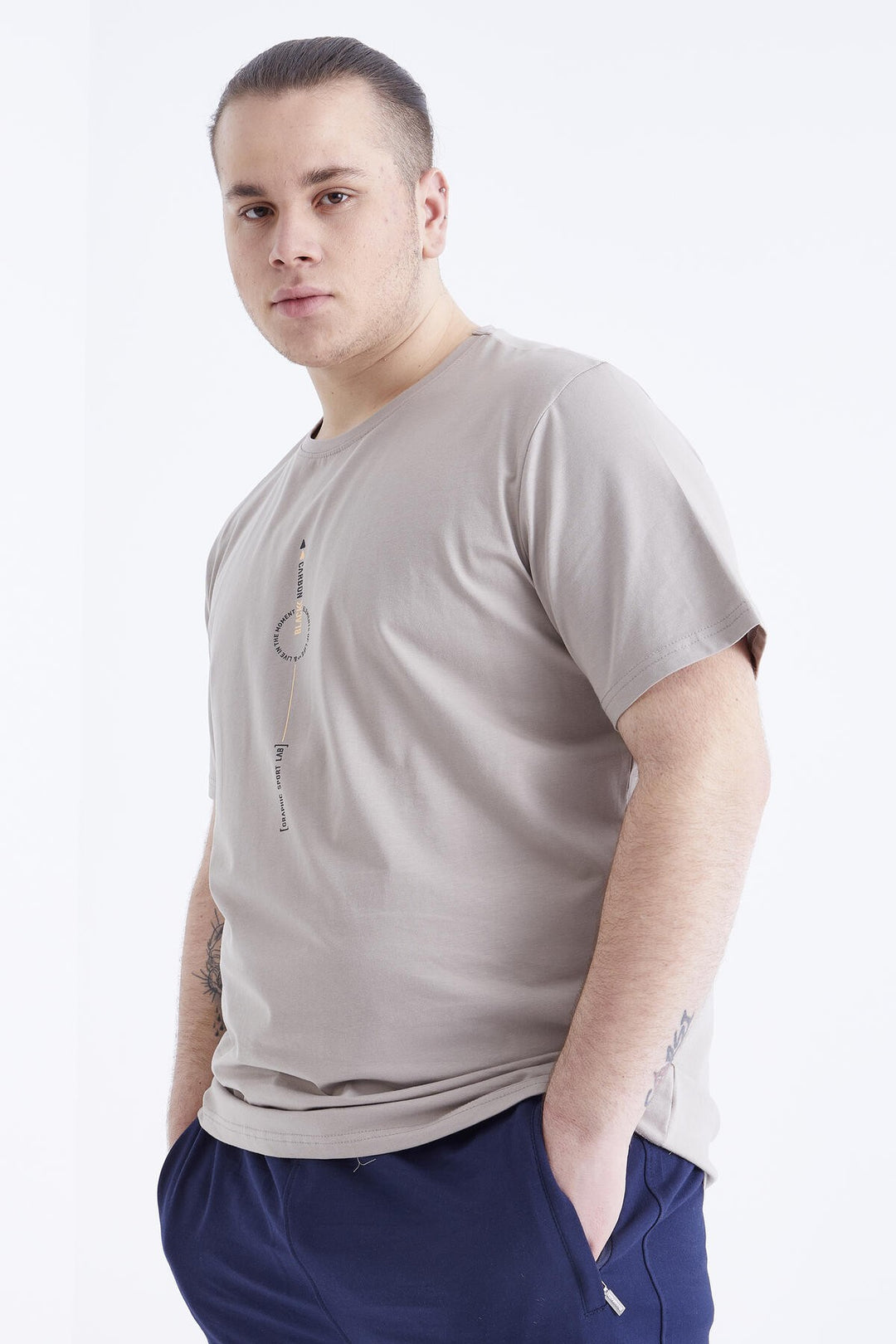 TMY Dark Beige Printed Round Neck Plus Size Men's T-shirt - 88075 - Carrollwood