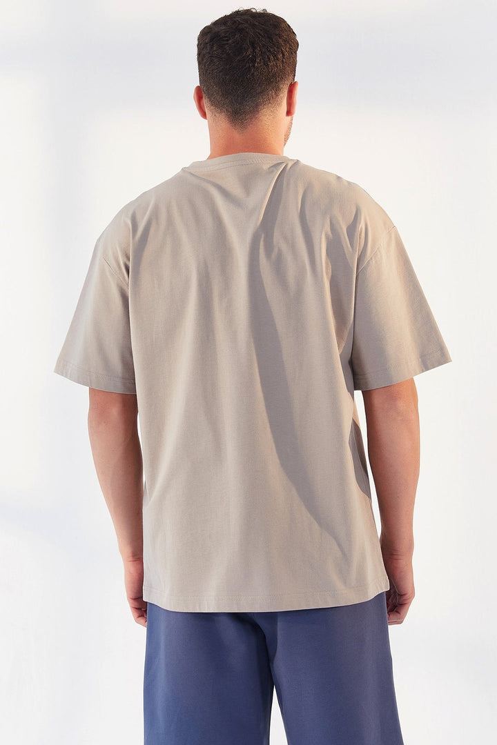 TMY Dark Beige Printed O Neck Men's Oversize T-Shirt - 87984 - Spartanburg