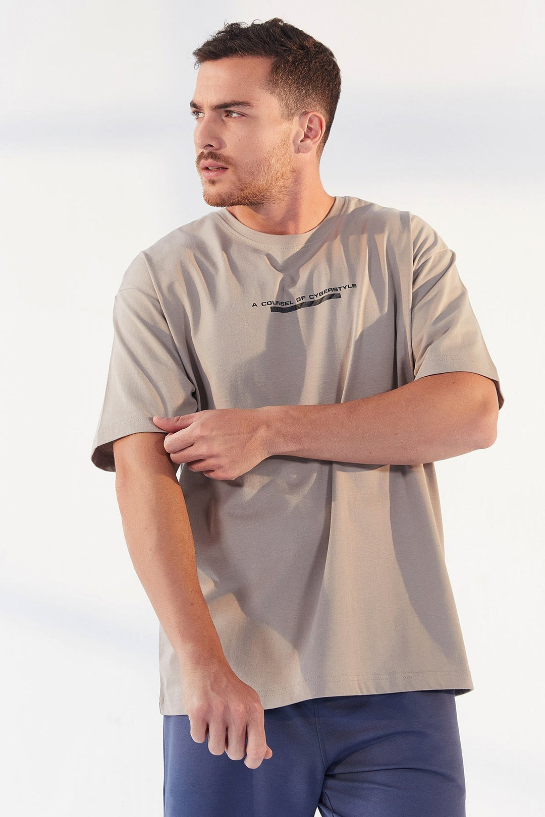 TMY Dark Beige Printed O Neck Men's Oversize T-Shirt - 87984 - Spartanburg