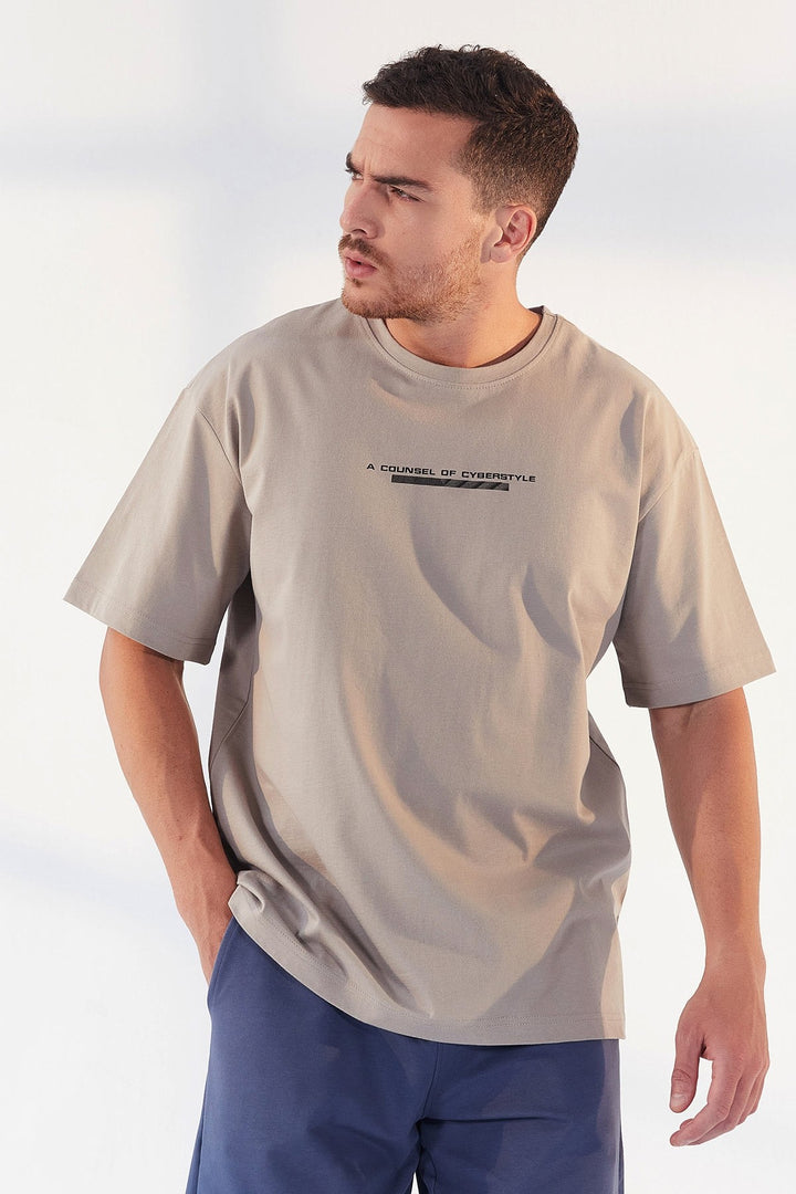 TMY Dark Beige Printed O Neck Men's Oversize T-Shirt - 87984 - Spartanburg