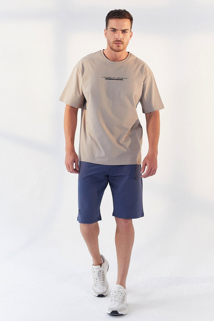 TMY Dark Beige Printed O Neck Men's Oversize T-Shirt - 87984 - Spartanburg