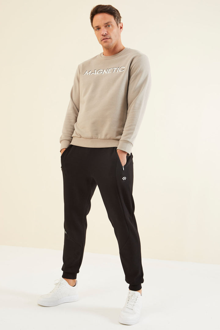 TMY Dark Beige Crew Neck Comfort Fit Men's Sweatshirt with Embroidered Writing - 88020 - Port Coquitlam