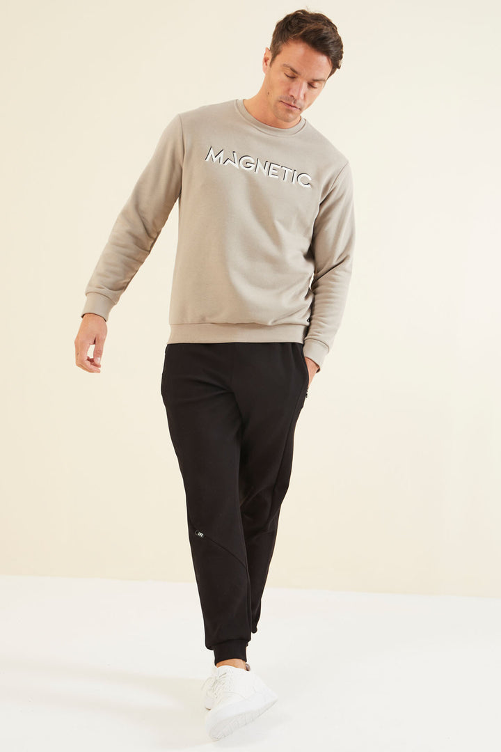 TMY Dark Beige Crew Neck Comfort Fit Men's Sweatshirt with Embroidered Writing - 88020 - Port Coquitlam