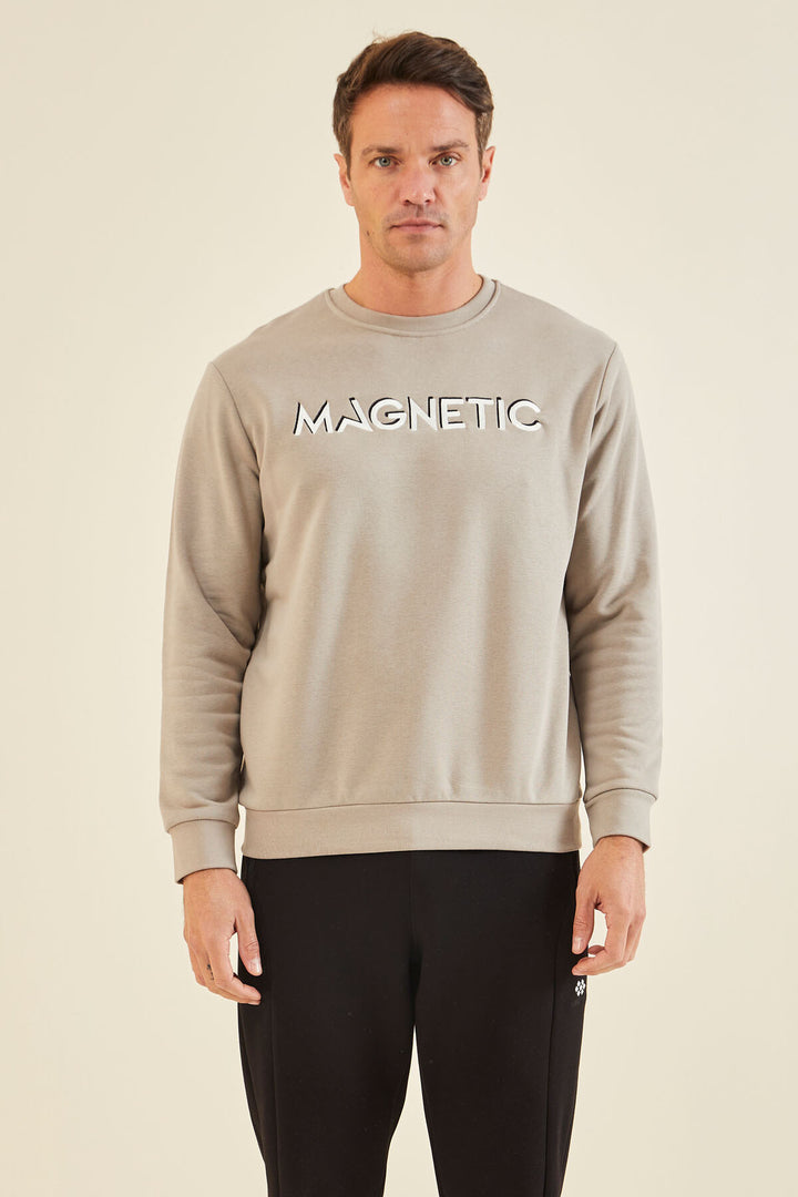 TMY Dark Beige Crew Neck Comfort Fit Men's Sweatshirt with Embroidered Writing - 88020 - Port Coquitlam