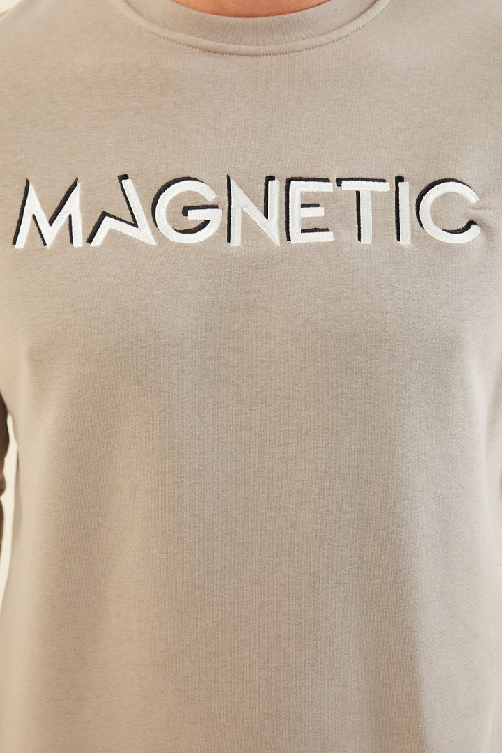 TMY Dark Beige Crew Neck Comfort Fit Men's Sweatshirt with Embroidered Writing - 88020 - Port Coquitlam