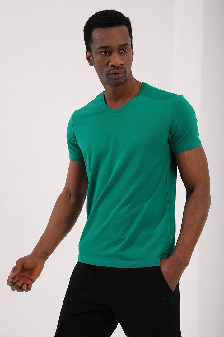 TMY Dark Green Basic Short Sleeve Standard Fit V-Neck Men's T-Shirt - 87912 - Daytona Beach