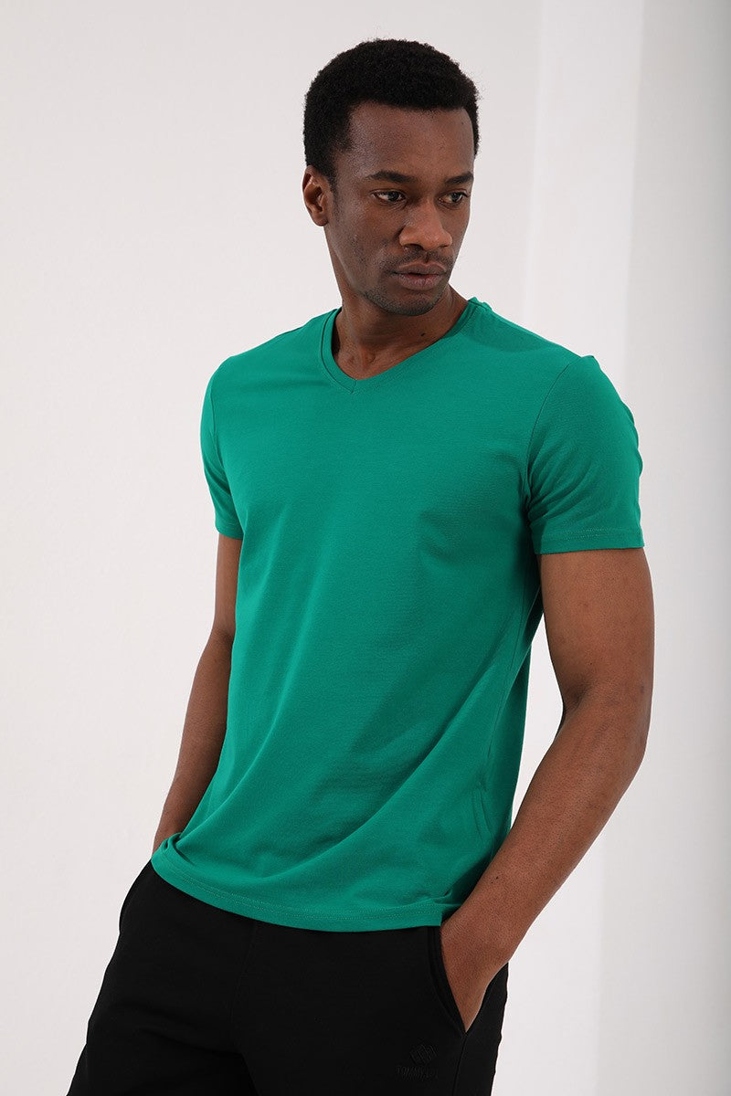 TMY Dark Green Basic Short Sleeve Standard Fit V-Neck Men's T-Shirt - 87912 - Daytona Beach